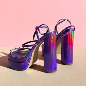 Women's Holographic Platform Heels with Rhinestone Straps Size 8 US
